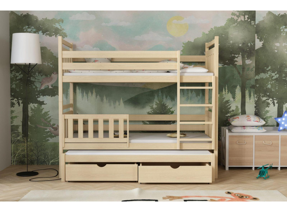 Dětská patrová postel z masivu borovice PETR s přistýlkou a šuplíky - 200x90 cm