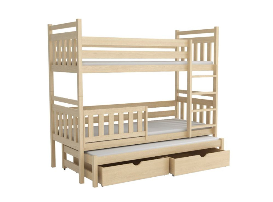 Dětská patrová postel z masivu borovice PETR s přistýlkou a šuplíky - 200x90 cm