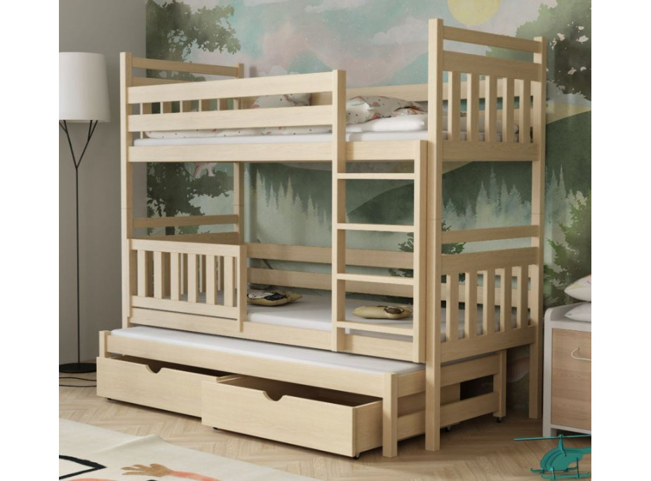 Dětská patrová postel z masivu borovice PETR s přistýlkou a šuplíky - 200x90 cm