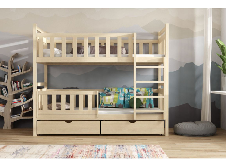 Dětská patrová postel z masivu borovice KAREL se šuplíky - 200x90 cm