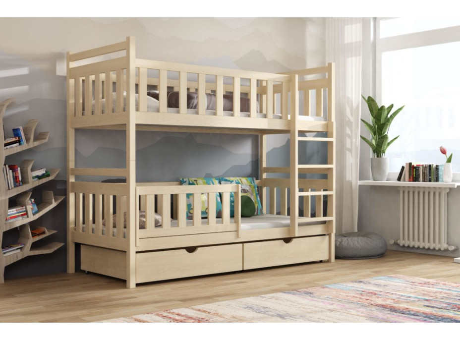 Dětská patrová postel z masivu borovice KAREL se šuplíky - 200x90 cm