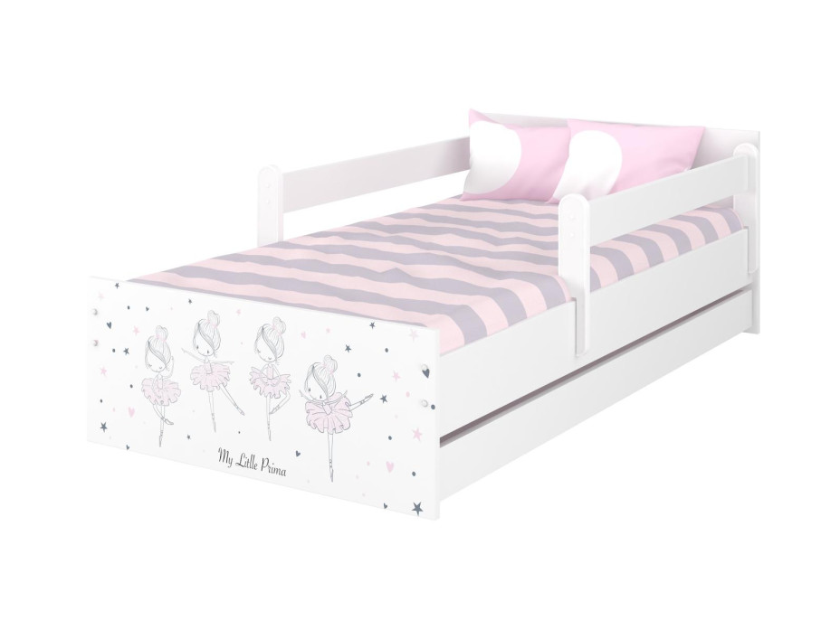 Dětská postel MAX 160x80 cm RŮŽOVÁ BALETKA - bílá, se šuplíkem, 1x dlouhá + 1x krátká zábrana