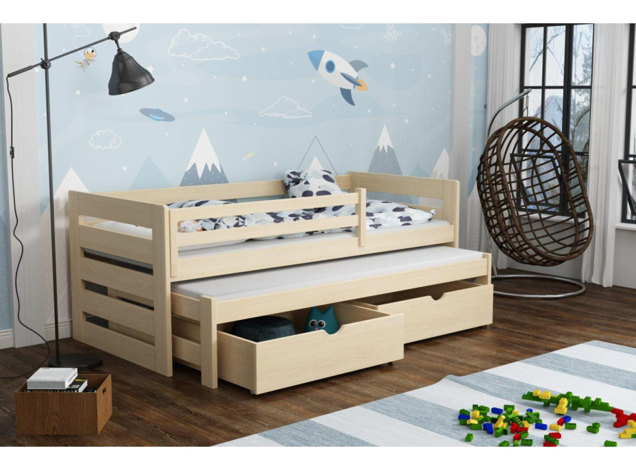 Dětská postel z masivu borovice JOLANA s přistýlkou a šuplíky - 200x90 cm