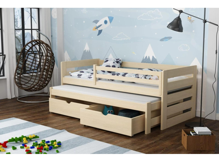 Dětská postel z masivu borovice JOLANA s přistýlkou a šuplíky - 200x90 cm
