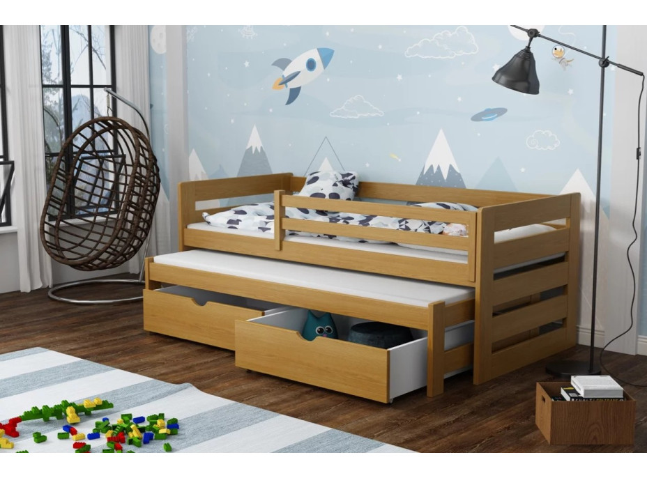 Dětská postel z masivu borovice JOLANA s přistýlkou a šuplíky - 200x90 cm
