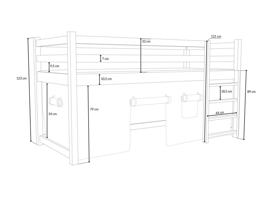 Dětská vyvýšená postel z masivu borovice PORTO - 200x90 cm - KAŠMÍROVÁ