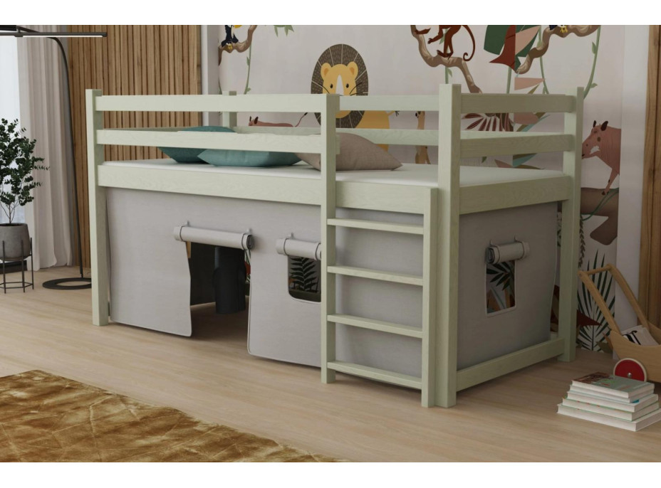 Dětská vyvýšená postel z masivu borovice PORTO - 200x90 cm - OLIVOVĚ ZELENÁ