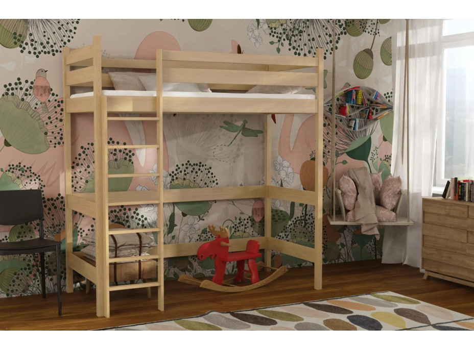 Dětská vyvýšená postel z masivu borovice TEXAS - 200x90 cm - PŘÍRODNÍ BOROVICE