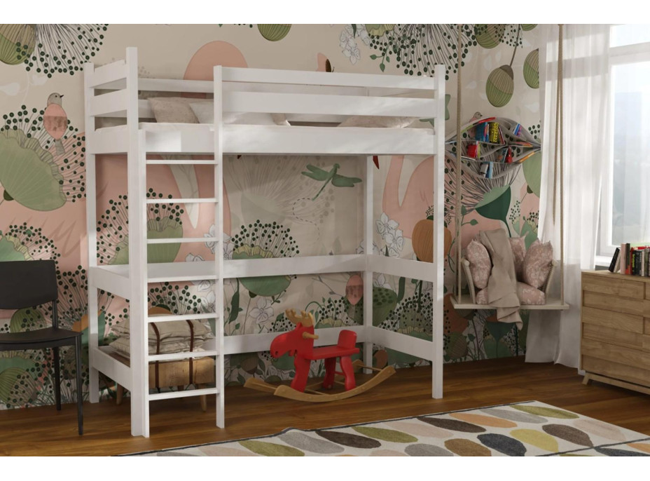 Dětská vyvýšená postel z masivu borovice TEXAS - 200x90 cm - BÍLÁ