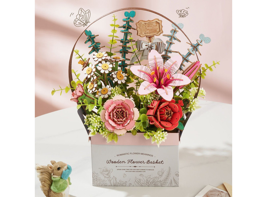 ROBOTIME Rowood 3D dřevěné puzzle Košík s květinami 428 dílků