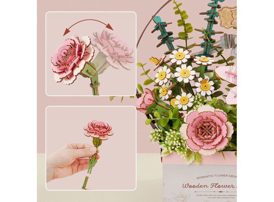 ROBOTIME Rowood 3D dřevěné puzzle Košík s květinami 428 dílků