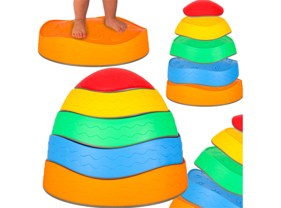 Senzorická Montessori stezka Říční kameny pro trénink rovnováhy 5 prvků - barevná