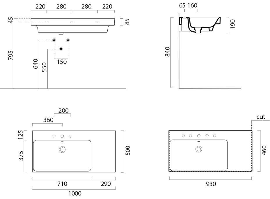 GSI NUBES keramické umyvadlo 100x50cm, s odkládací plochou vpravo, černá mat 9627126