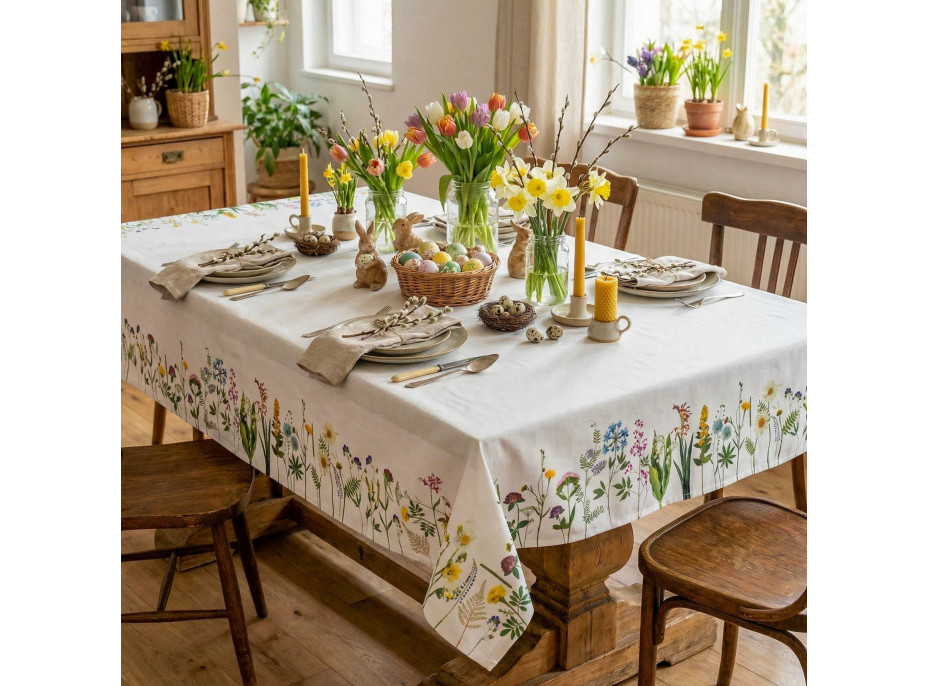 Velikonoční ubrus BLOOM Květiny - 140x200 cm - bílý
