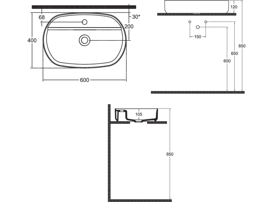Isvea SINTESI keramické umyvadlo na desku, 60x40cm, bílá 10SI65060