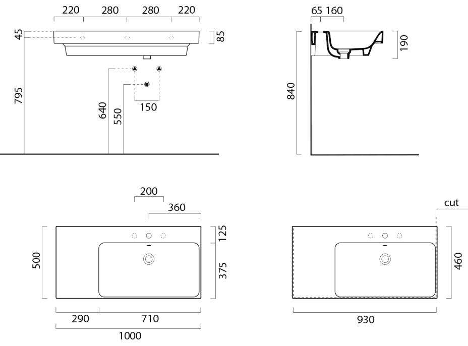 GSI NUBES keramické umyvadlo 100x50cm, s odkládací plochou vlevo, černá mat 9628126