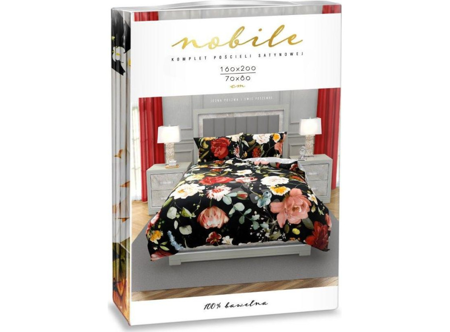 Saténové povlečení NOBILE Květy - černé/šedé - 160x200 cm