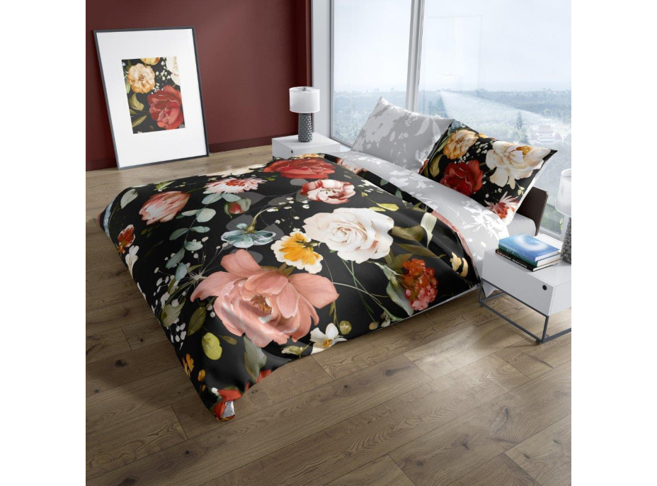 Saténové povlečení NOBILE Květy - černé/šedé - 160x200 cm