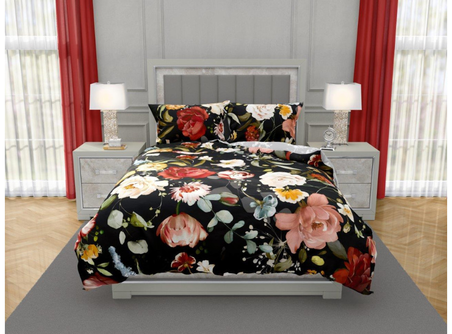 Saténové povlečení NOBILE Květy - černé/šedé - 160x200 cm