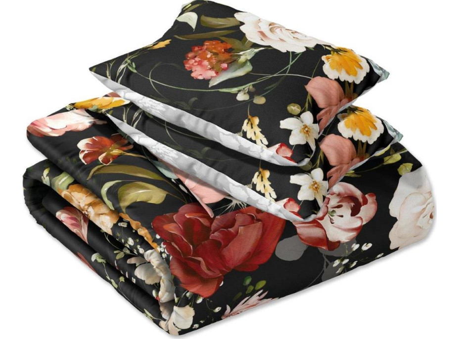 Saténové povlečení NOBILE Květy - černé/šedé - 160x200 cm