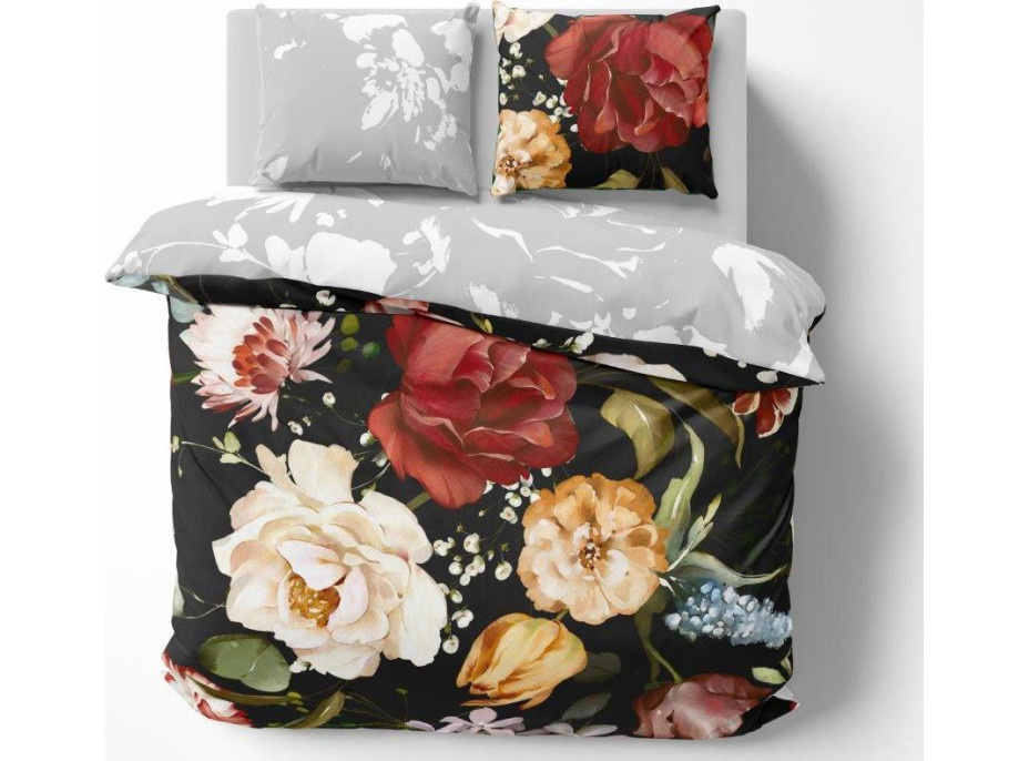 Saténové povlečení NOBILE Květy - černé/šedé - 160x200 cm