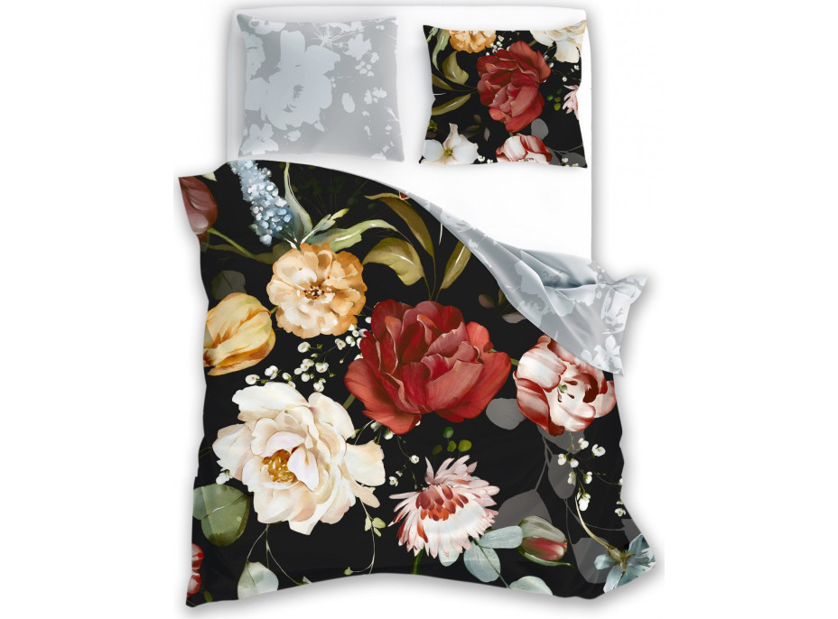Saténové povlečení NOBILE Květy - černé/šedé - 220x200 cm