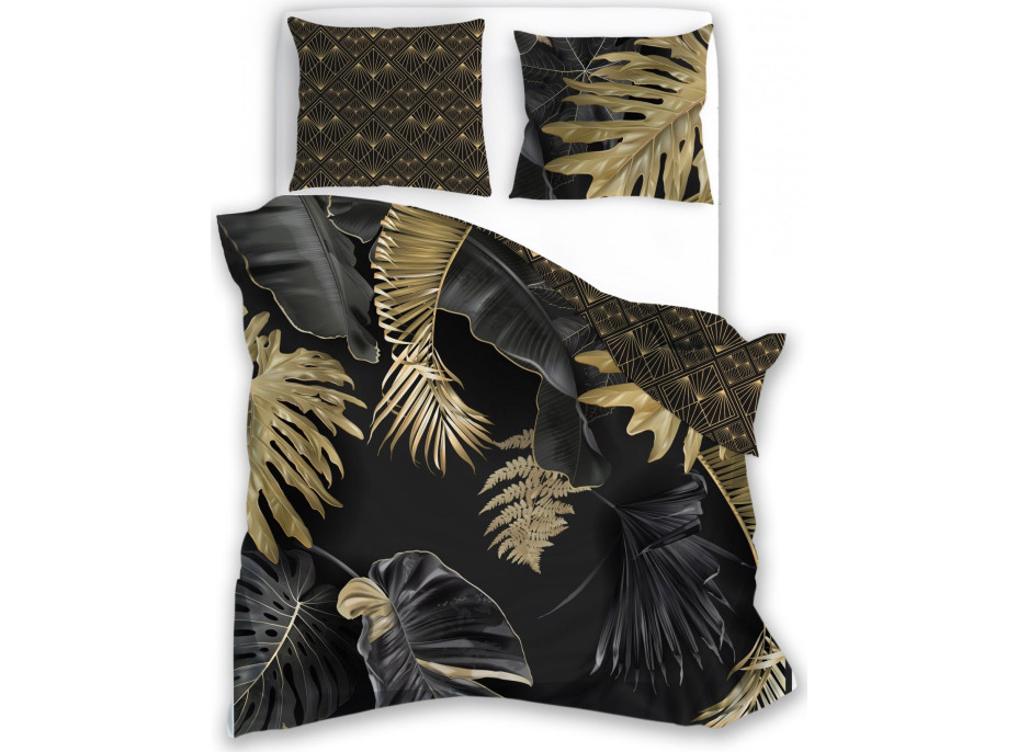 Saténové povlečení NOBILE Palm leaves - černé/zlaté - 220x200 cm