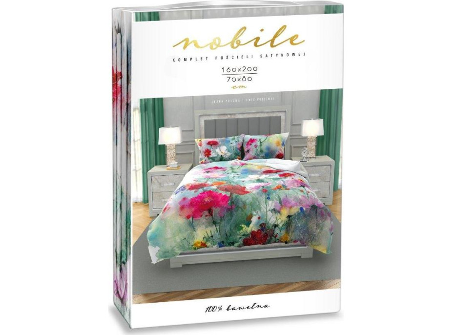 Saténové povlečení NOBILE Pastelové květy - tyrkysové - 160x200 cm