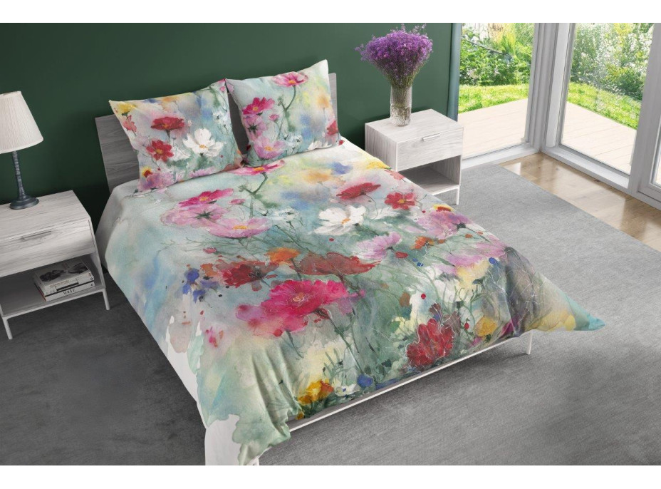 Saténové povlečení NOBILE Pastelové květy - tyrkysové - 160x200 cm