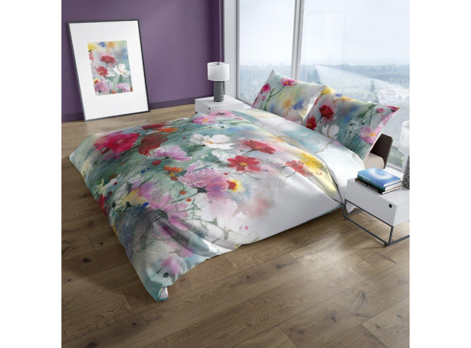 Saténové povlečení NOBILE Pastelové květy - tyrkysové - 160x200 cm
