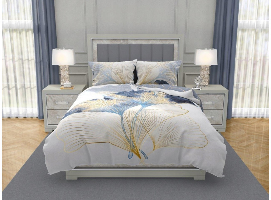 Saténové povlečení NOBILE Ginkgo - bílé/šedé - 220x200 cm