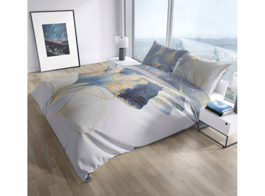Saténové povlečení NOBILE Ginkgo - bílé/šedé - 220x200 cm