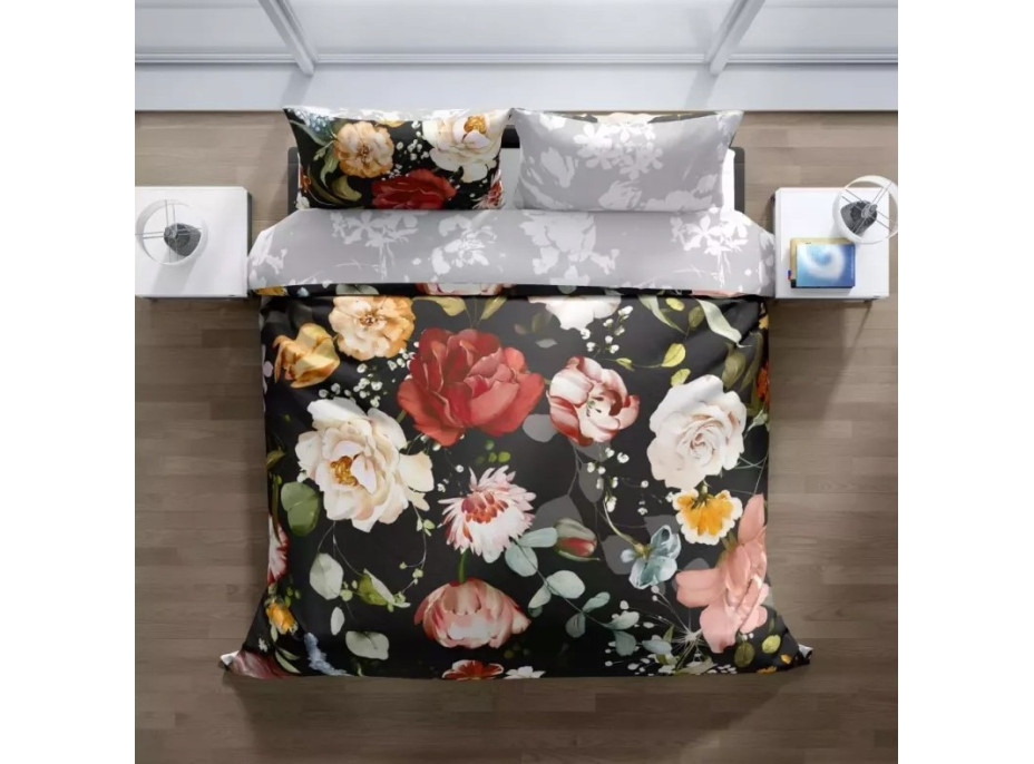 Saténové povlečení NOBILE Květy - černé/šedé - 220x200 cm