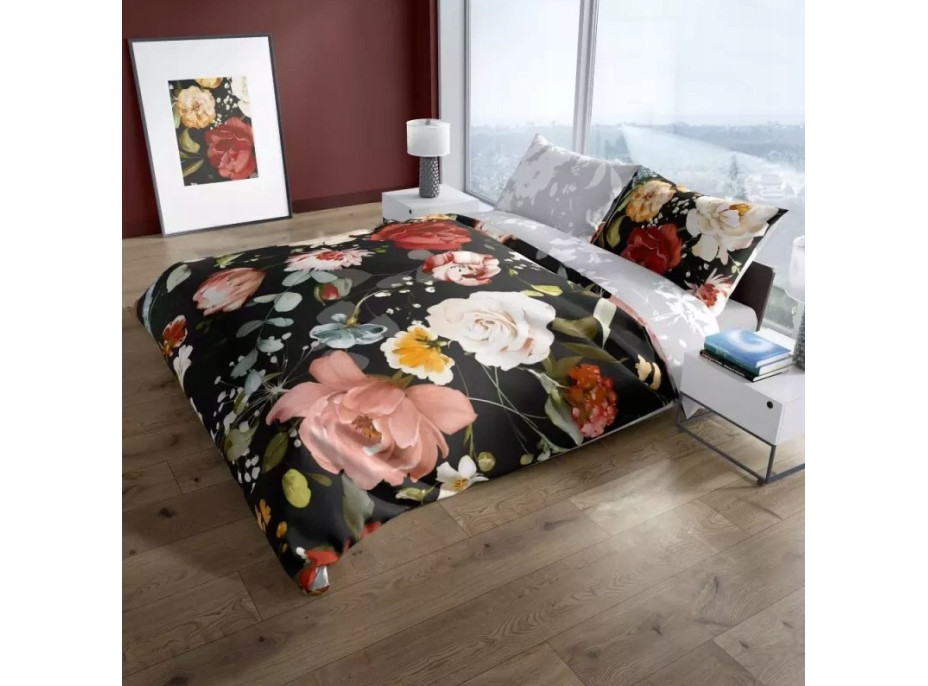Saténové povlečení NOBILE Květy - černé/šedé - 220x200 cm