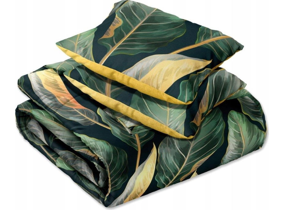 Saténové povlečení NOBILE Leaves- zelené/žluté - 220x200 cm