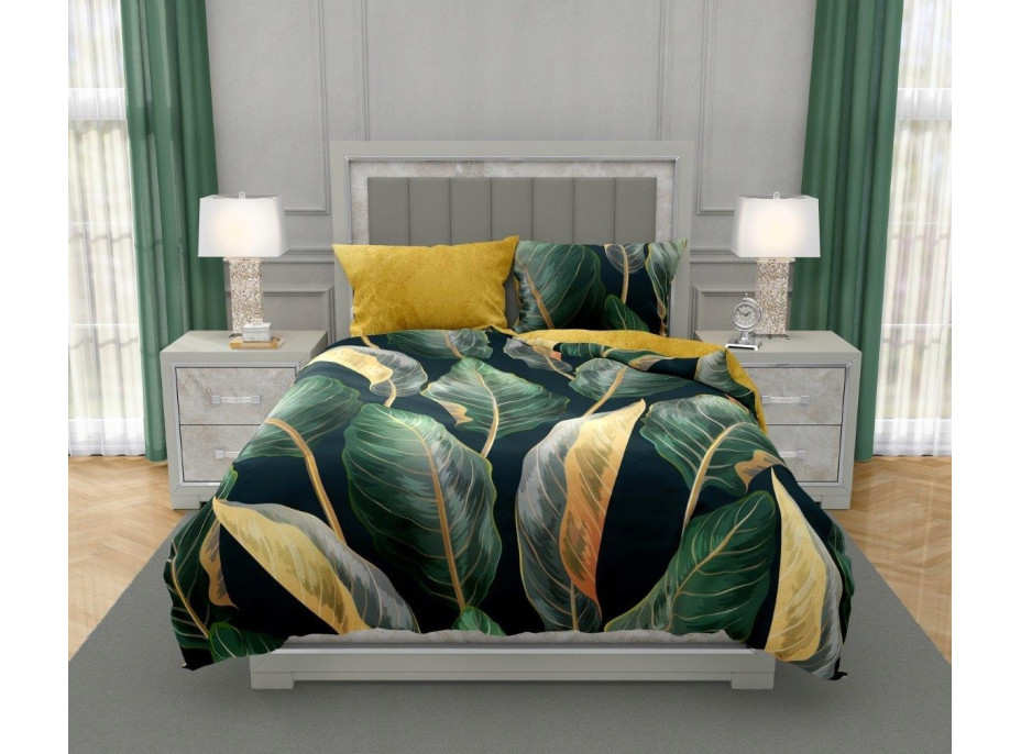 Saténové povlečení NOBILE Leaves- zelené/žluté - 220x200 cm