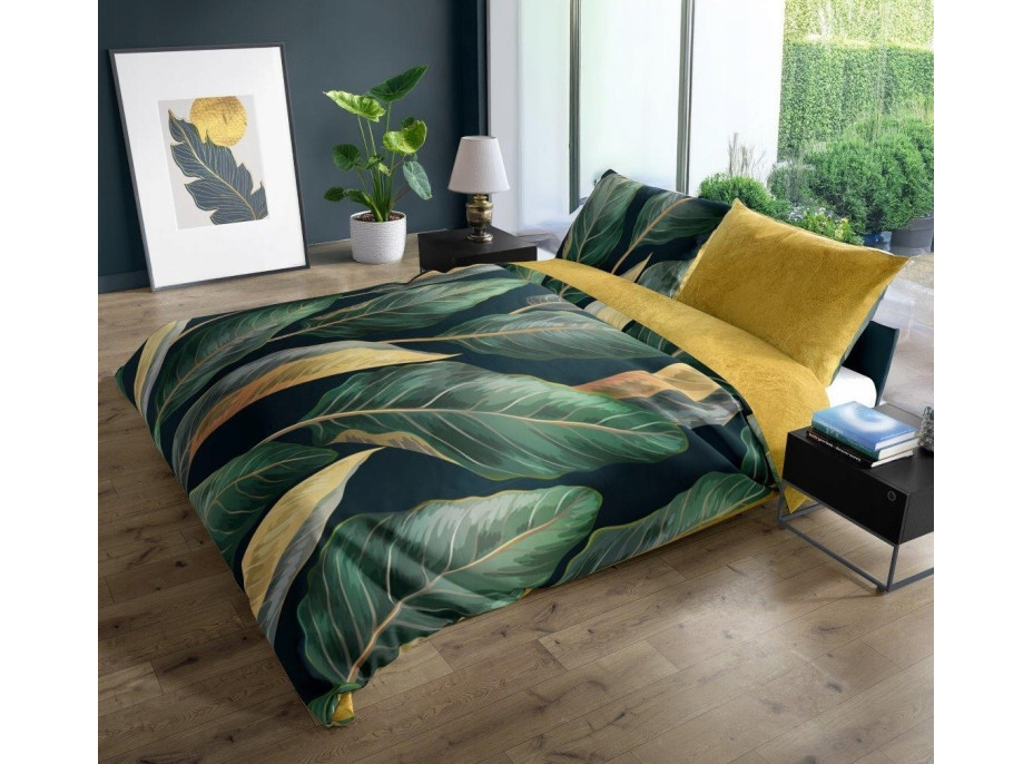 Saténové povlečení NOBILE Leaves- zelené/žluté - 220x200 cm
