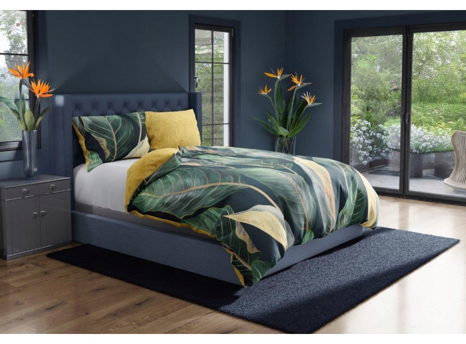 Saténové povlečení NOBILE Leaves- zelené/žluté - 220x200 cm