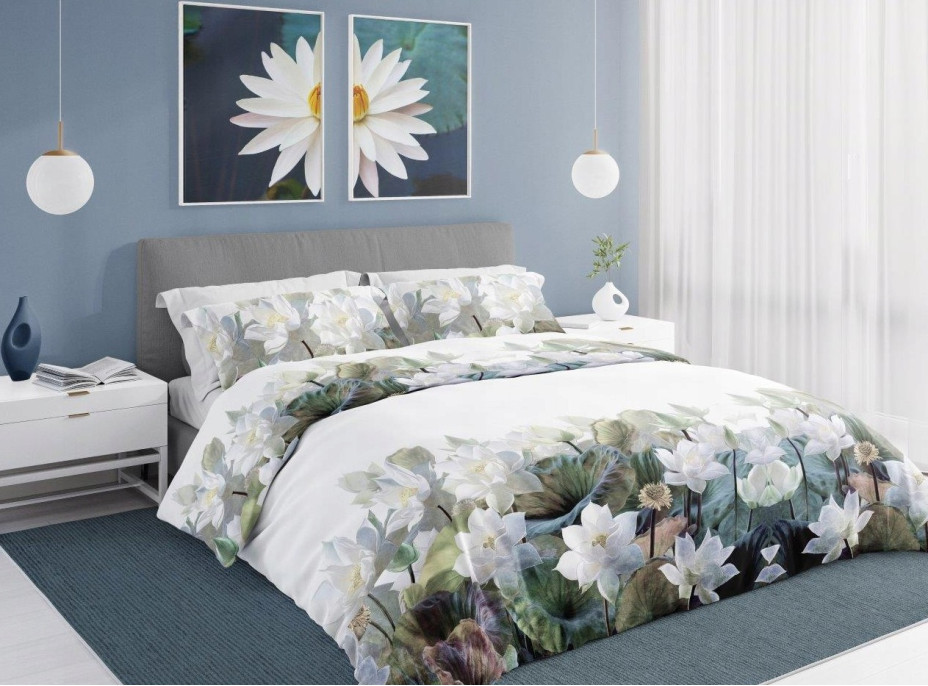 Saténové povlečení NOBILE Lekníny - bílé - 140x200 cm