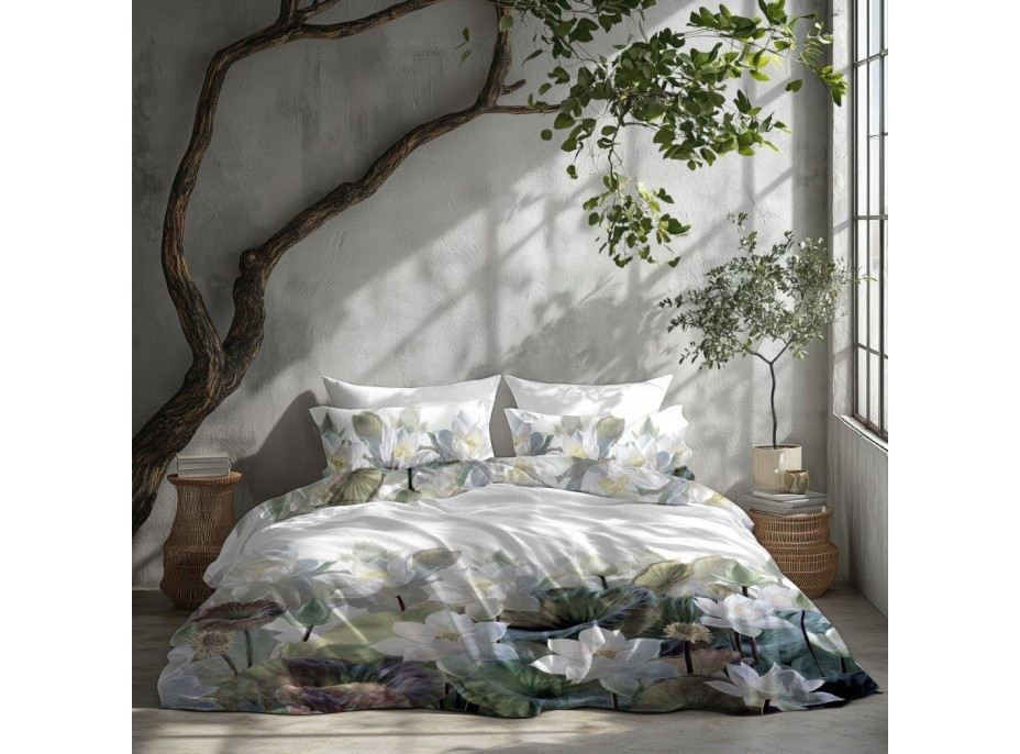 Saténové povlečení NOBILE Lekníny - bílé - 140x200 cm