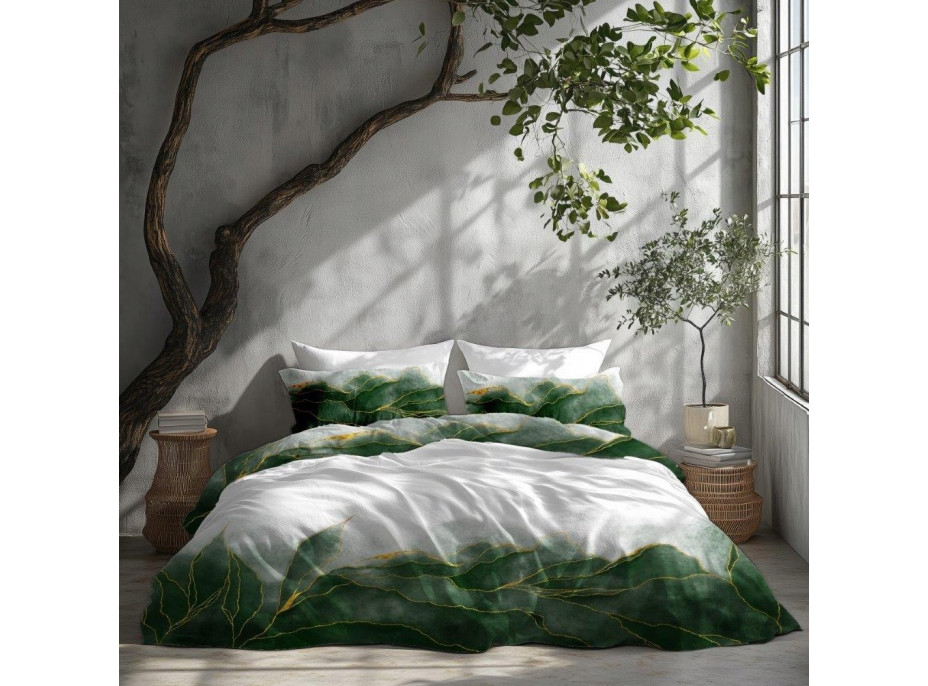 Saténové povlečení NOBILE Listy - bílé/zelené - 140x200 cm