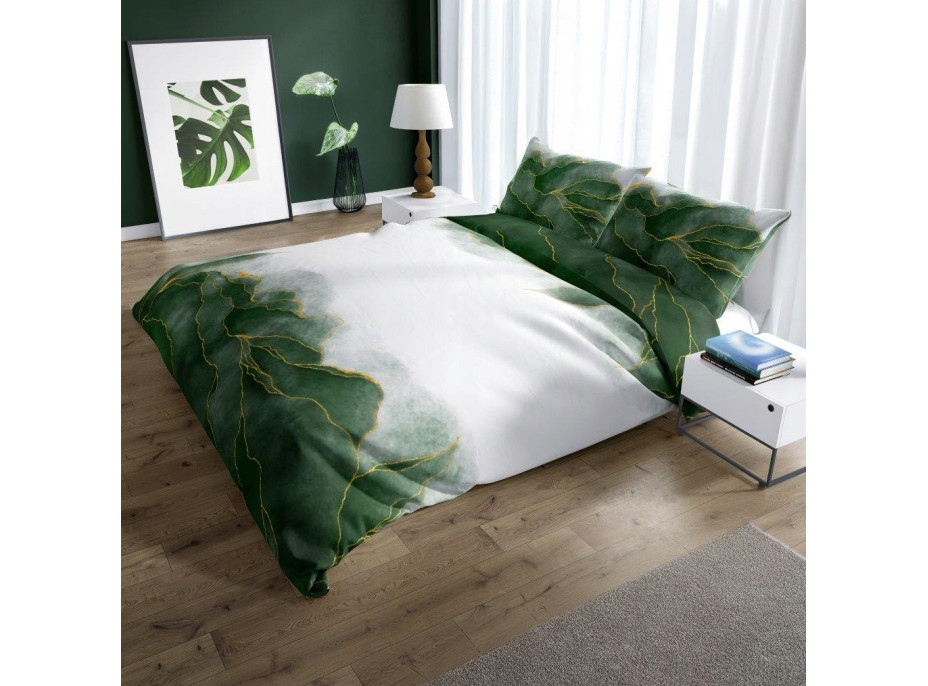 Saténové povlečení NOBILE Listy - bílé/zelené - 140x200 cm
