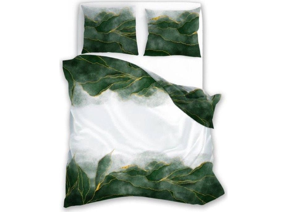 Saténové povlečení NOBILE Listy - bílé/zelené - 140x200 cm
