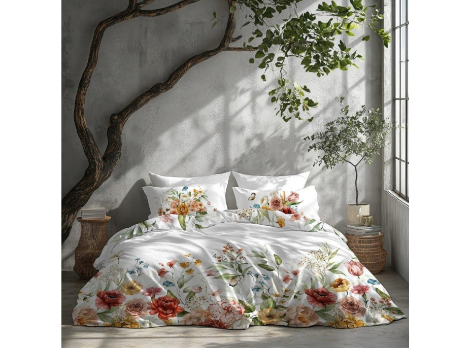 Saténové povlečení NOBILE Luční kvítí - bílé - 220x200 cm