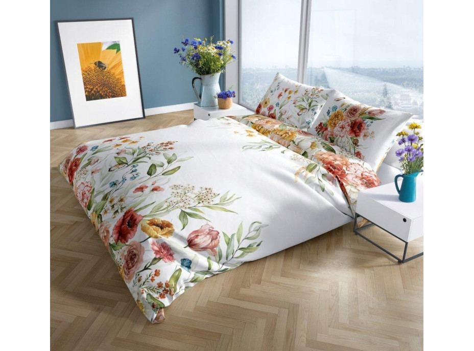 Saténové povlečení NOBILE Luční kvítí - bílé - 220x200 cm