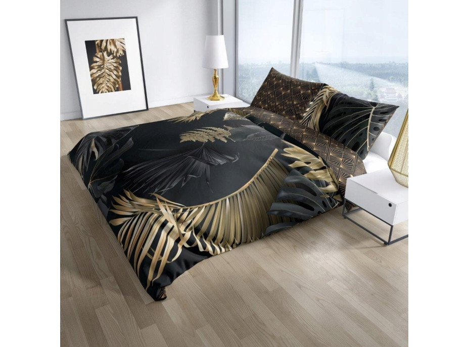 Saténové povlečení NOBILE Palm leaves - černé/zlaté - 220x200 cm
