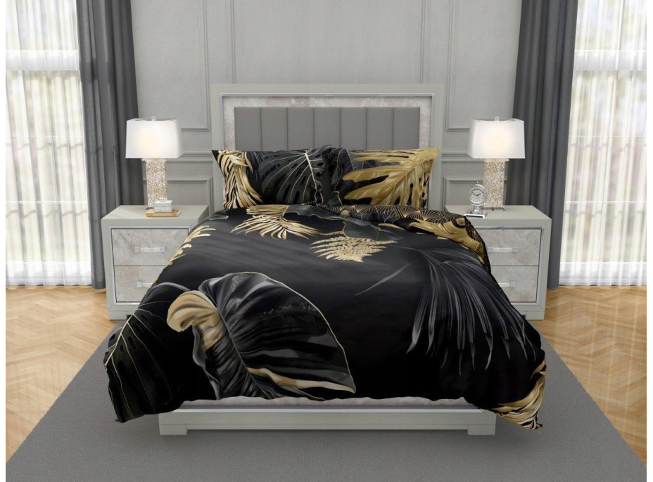 Saténové povlečení NOBILE Palm leaves - černé/zlaté - 220x200 cm