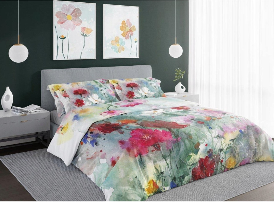 Saténové povlečení NOBILE Pastelové květy - tyrkysové - 220x200 cm