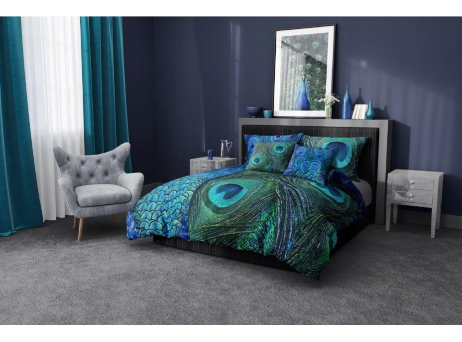 Saténové povlečení NOBILE Peacock - modré/zelené - 220x200 cm