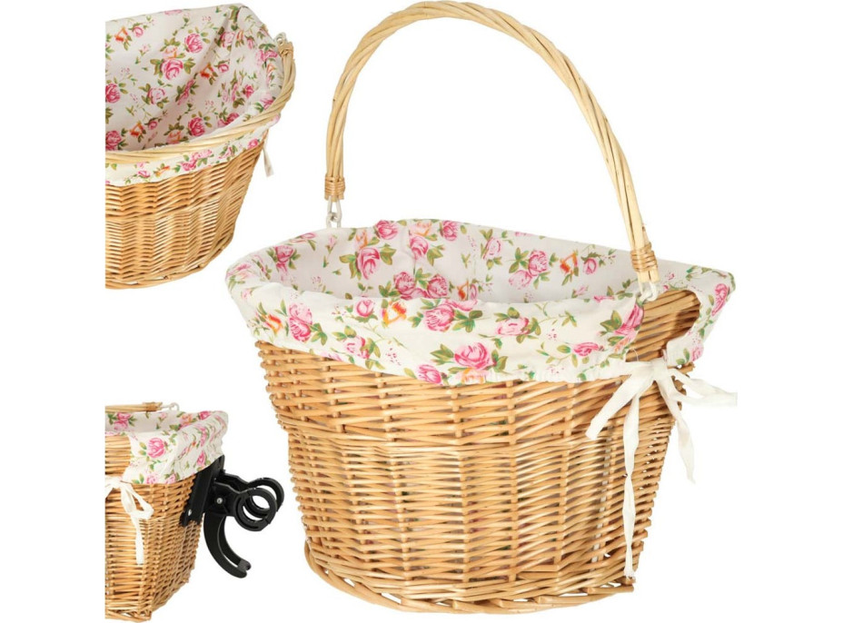 Proutěný košík RALLEX na řídítka jízdního kola - přírodní/květovaný